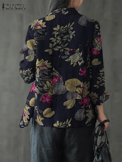 Floral Print Cotton Lapel Blazer Loose Fit | Wovetsa