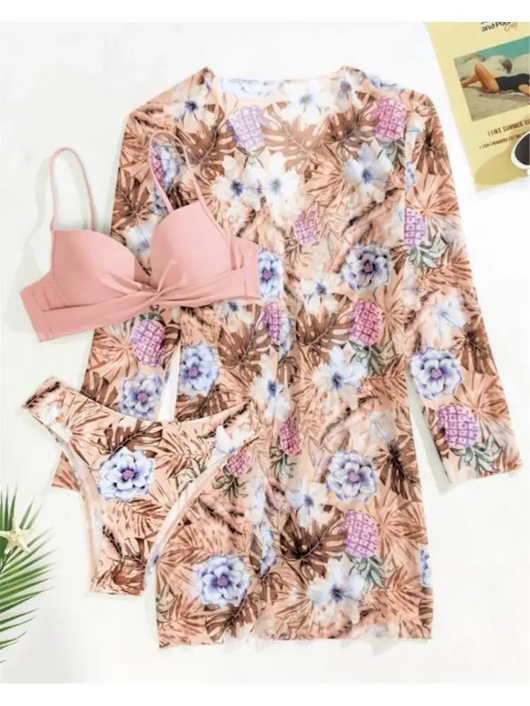 Floral Push-Up Bikini Set with Cover-Up | Wovetsa