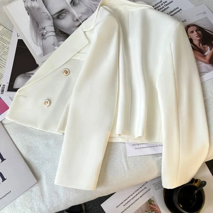 2023 Autumn Fashion Blazers Women Temperament Solid Double Breasted Cropped Jacket Woman Basic All Match Suit Outwear Female