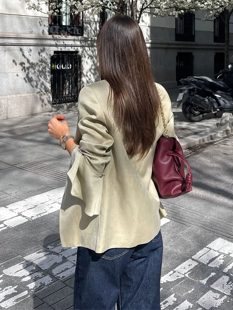 Ruffle Stand Collar Asymmetric Blazer | Wovetsa