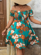 Plus Size Floral Print Off-Shoulder Vacation Dress | Wovetsa