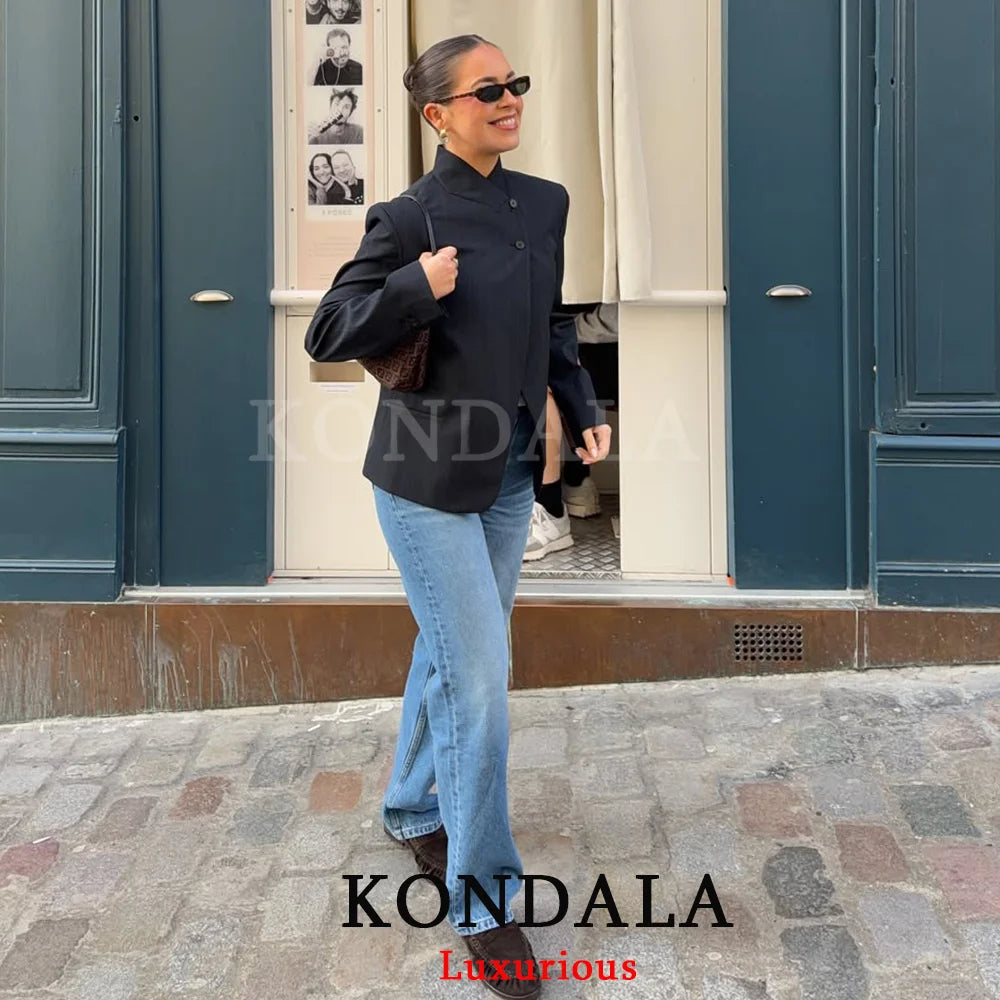 Solid O-Neck Straight Blazer | Wovetsa