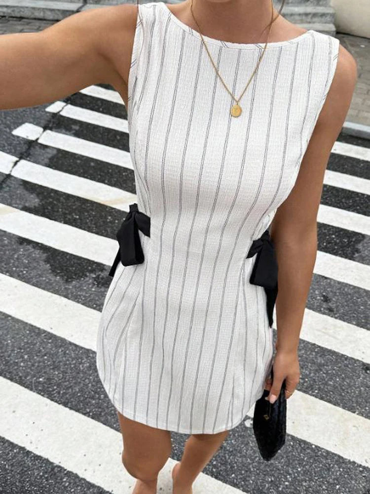 Striped Side Bow Mini Dress – Sleeveless Round Neck