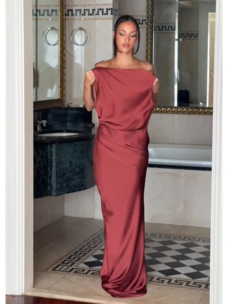 Ruched Waist Satin Fishtail Evening Gown | Wovetsa