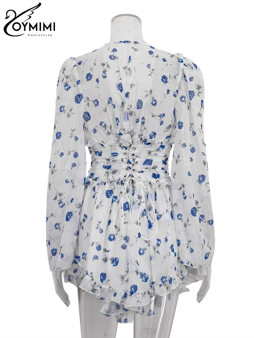 V-Neck Ruffled Print Mini Dress | Wovetsa