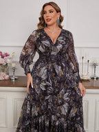 Plus Size Floral V-Neck Lantern Sleeve Maxi Dress | Wovetsa