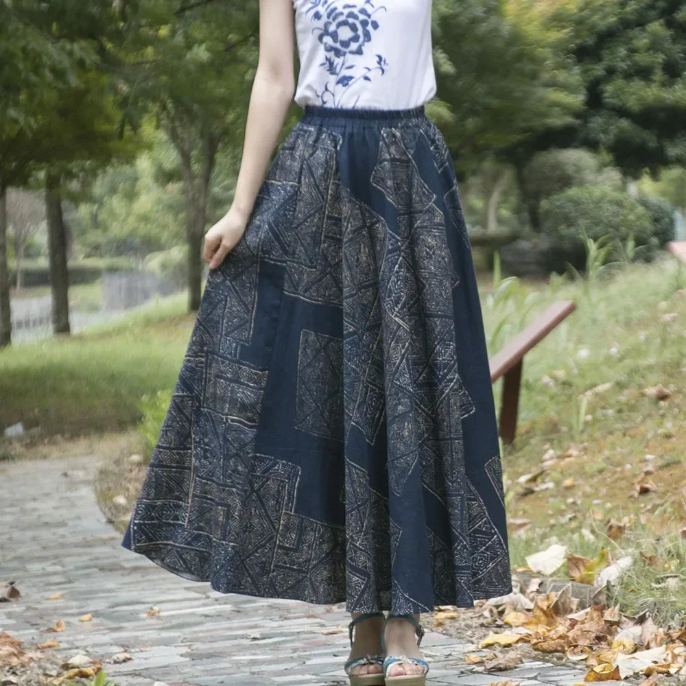 Bohemian Floral Print Cotton Linen Maxi Skirt | Wovetsa