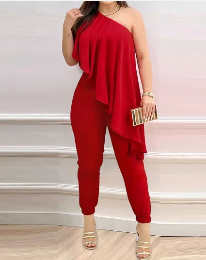 Diagonal Shoulder Ruffle Wide Leg Jumpsuit | Wovetsa
