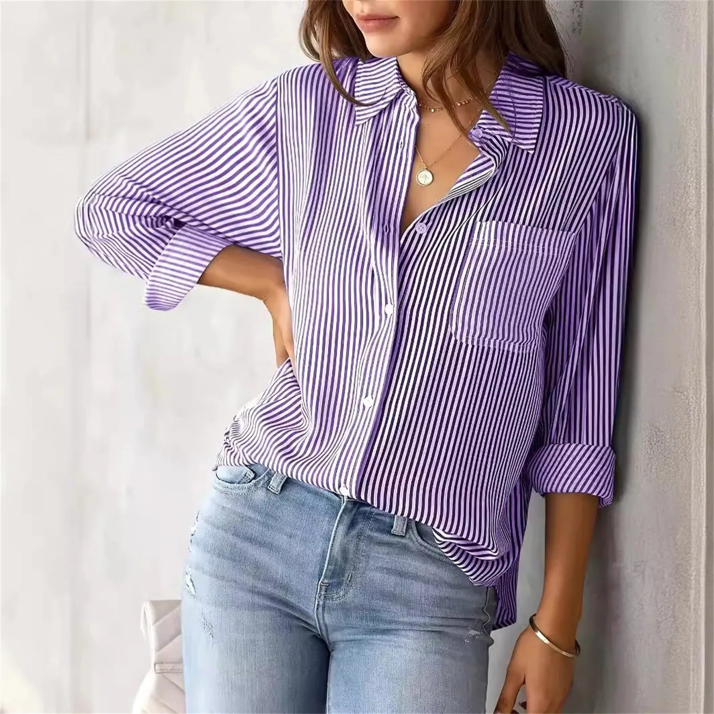 Autumn Striped Shirt for Women Long-Sleeved Lapel Single-Breasted Casual Shirts Elegant and Stylish Women's Commuter Shirt
