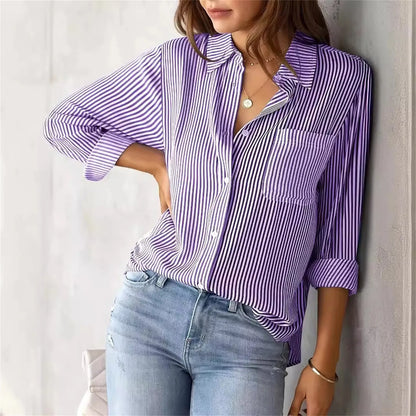 Autumn Striped Shirt for Women Long-Sleeved Lapel Single-Breasted Casual Shirts Elegant and Stylish Women's Commuter Shirt