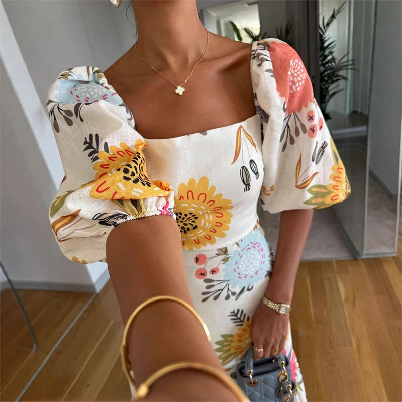 Square Neck Puff Sleeve A-Line Midi Dress | Wovetsa