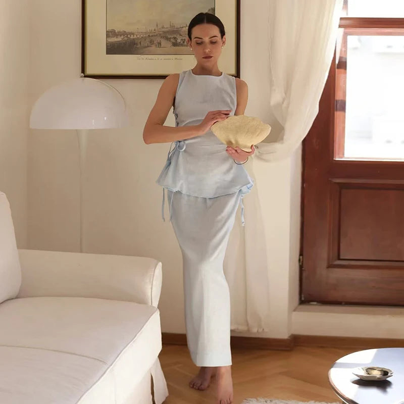 Linen Tank Top & Maxi Skirt Two Piece Set | Wovetsa