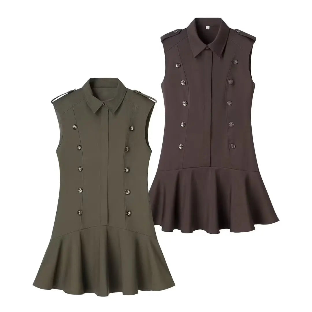 KONDALA Double-Breasted Slim Short Dress Women's Casual Lapel Sleeveless Dress 2026 Spring Summer Trendy Elegant Lady Mini Dress