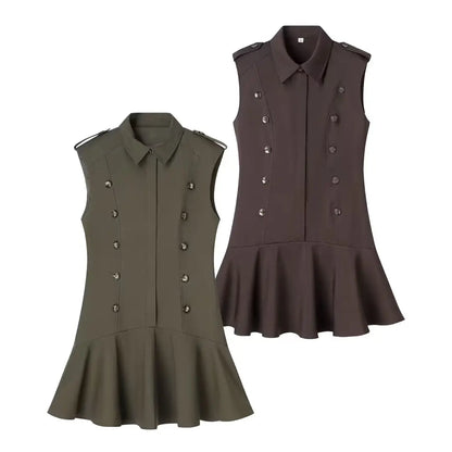 KONDALA Double-Breasted Slim Short Dress Women's Casual Lapel Sleeveless Dress 2026 Spring Summer Trendy Elegant Lady Mini Dress