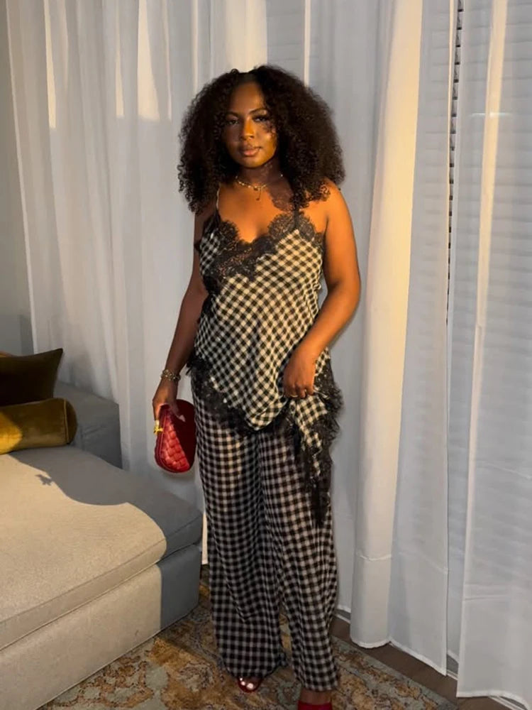 Plaid Lace Spliced Women's 2-Piece Sets Chic Irregular Off Shoulder Sleeveless Backless Top Wide Leg Pants 2026 Summer Women Set
