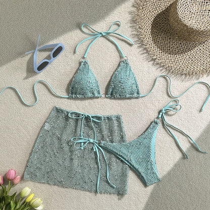Halter Strappy Hollow-Out 3-Piece Bikini Set with Skirt | Wovetsa