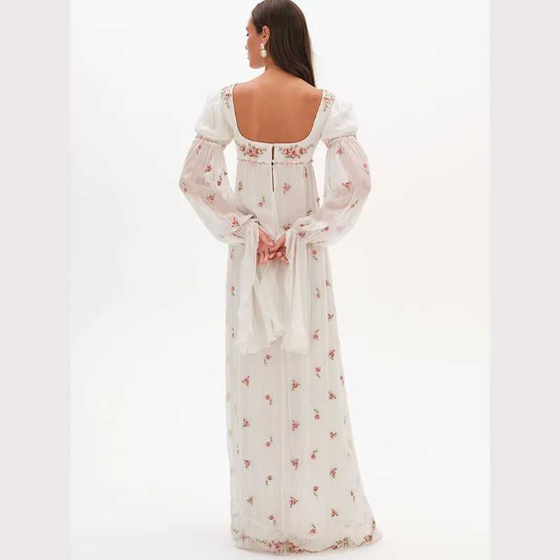 Square Neck Puff Sleeve Empire Waist Boho Maxi Dress | Wovetsa