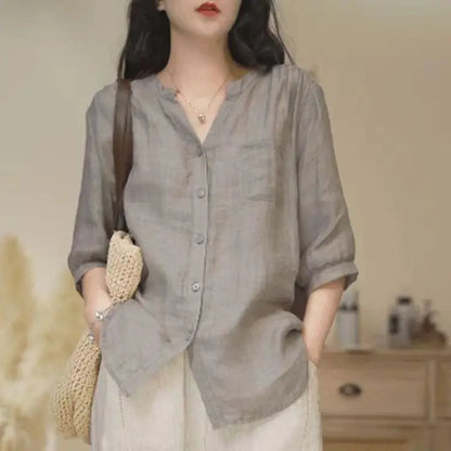 Loose V-Neck Three-Quarter Sleeve Blouse | Wovetsa