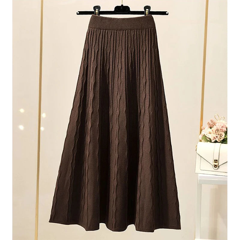 MEXZT Vintage Knitted Midi Skirts Women Black High Waist Sweater Skirt Winter Ladies Korean Slim All Match Chic A Line Faldas