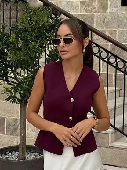 Women's Knit V-Neck Vest & Long Skirt Two Piece Set | Wovetsa