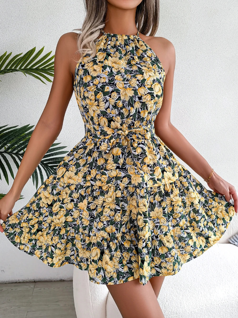 Women's Floral Ruffle Halter Dress – Elegant Summer Mini Dress