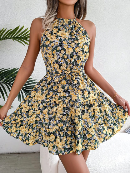 Floral Ruffle Halter Mini Dress | Wovetsa