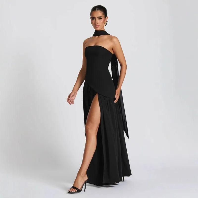 Backless Slit Evening Maxi Dress with Scarf | Wovetsa