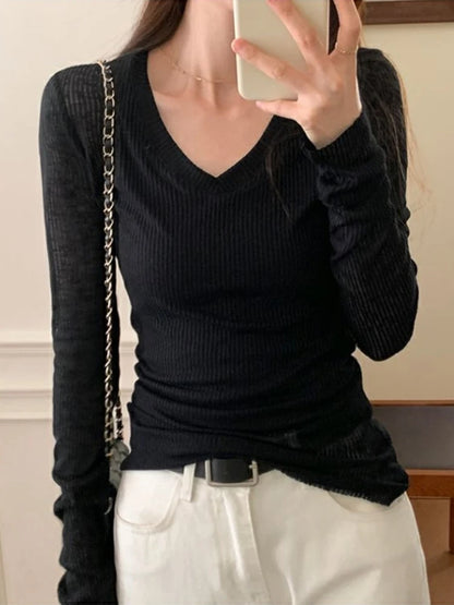 Sheer Long Sleeve Slim Top | Wovetsa
