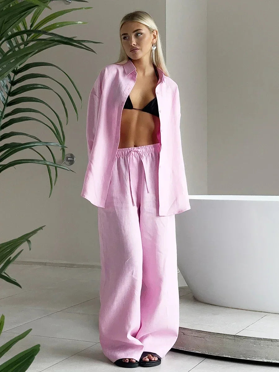 Cotton Linen Shirt & Wide-Leg Pant Set | Wovetsa