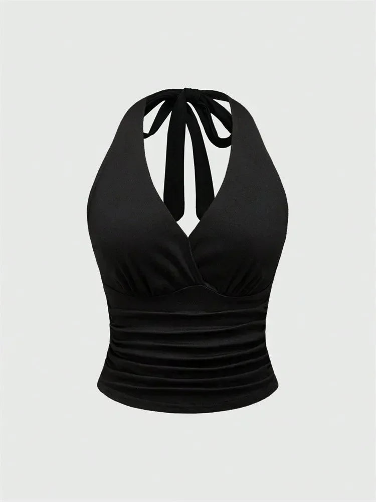 Y2K Backless Halter Ruched Crop Top | Wovetsa