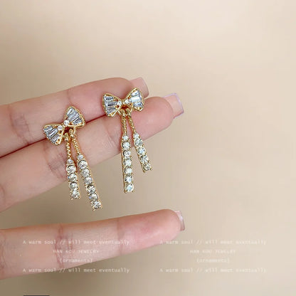 Gold Bow Stud Earrings with Rhinestone | Wovetsa