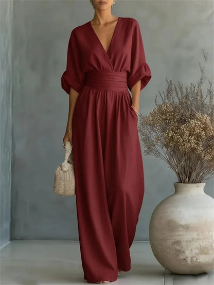 Ruched V-Neck Wide-Leg Jumpsuit | Wovetsa