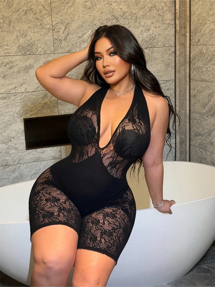Lace Halter Hollow-Out Mesh Romper | Wovetsa