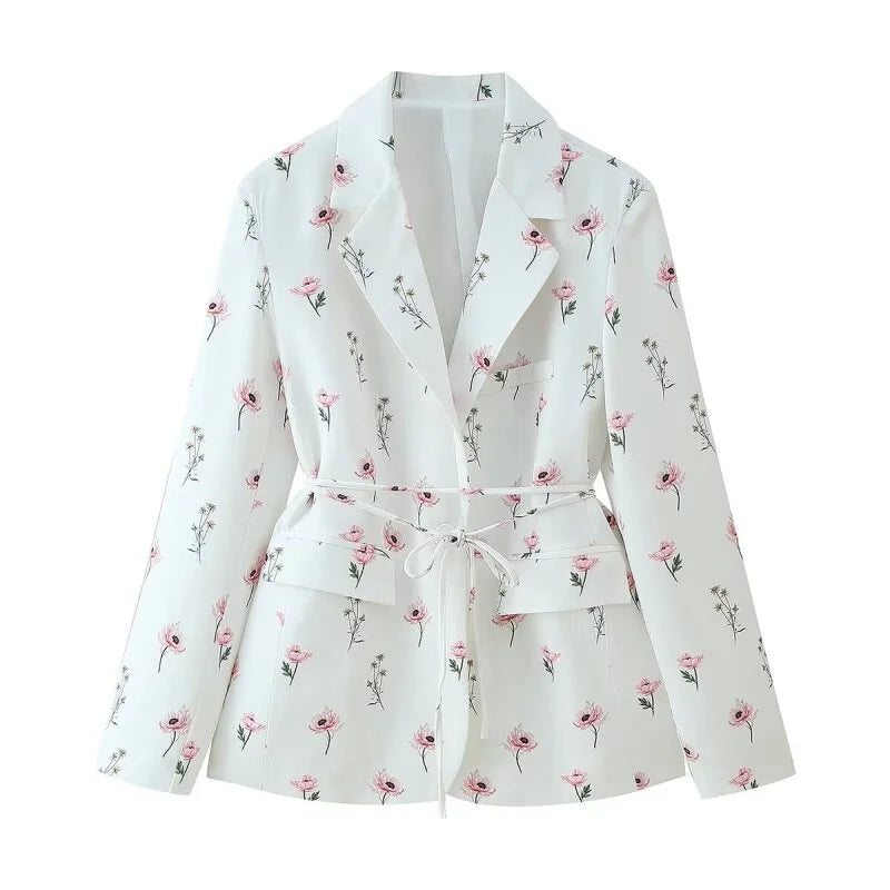 Women's Floral Print Blazer, White Pink Flower Casual Suit Jacket, Notch Lapel Loose Outwear with Tie Waist, Spring Daily Wear