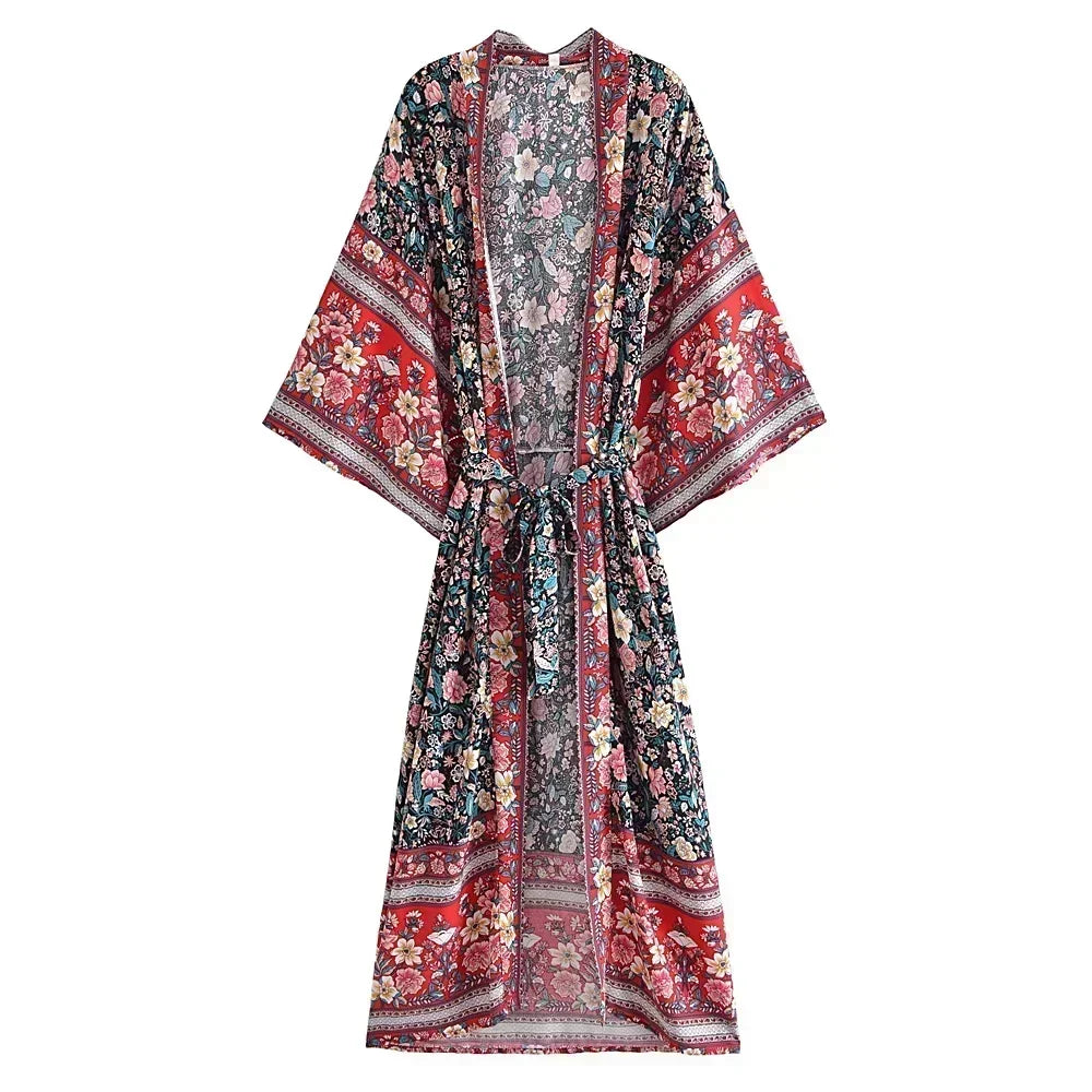 Floral Print Bohemian Kimono Maxi Cover-Up | Wovetsa
