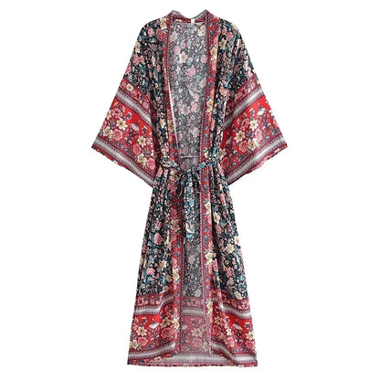 Floral Print Bohemian Kimono Maxi Cover-Up | Wovetsa