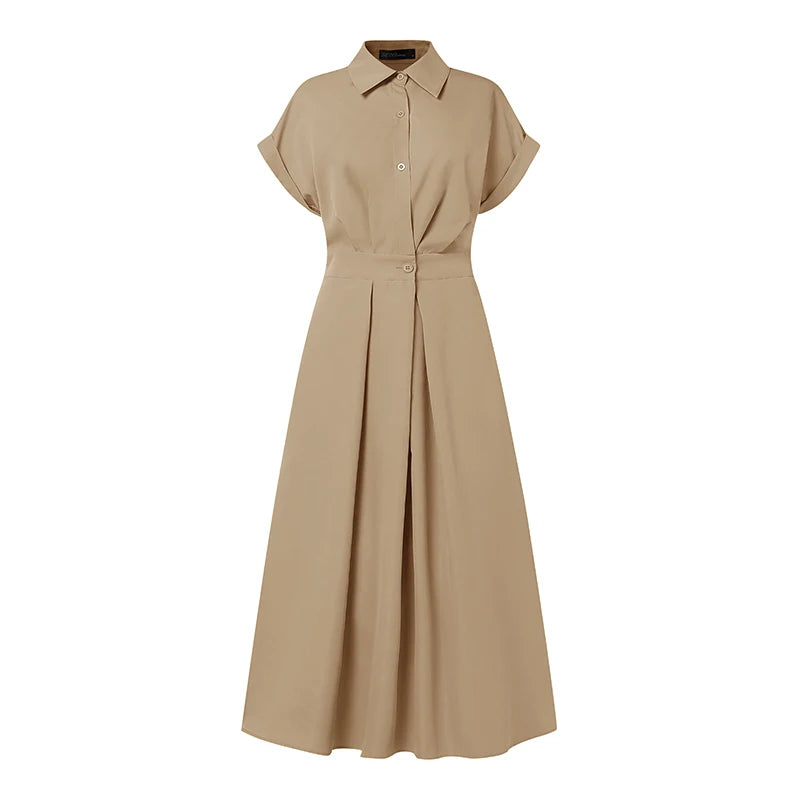 Short Sleeve Button-Down A-Line Midi Dress | Wovetsa