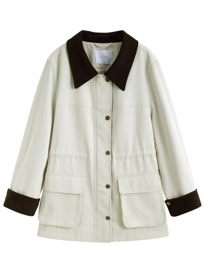 DUSHU Women Spring Casual Trench One Hand Length Turn-down Collar Trenches Drawstring Women Beige Grey Coats 25DS81201