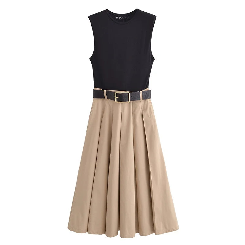 Belted Pleated Midi Dress | Wovetsa