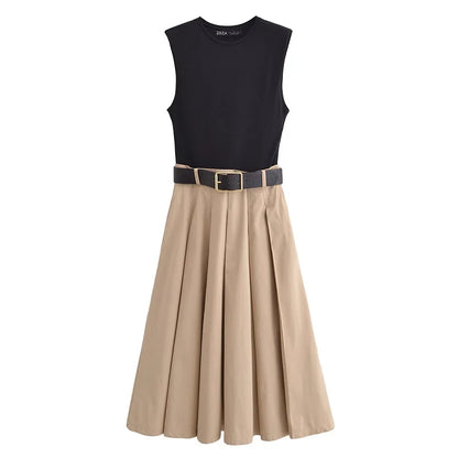 Belted Pleated Midi Dress | Wovetsa