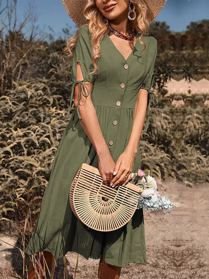 V-Neck Linen Blend A-Line Midi Dress | Wovetsa