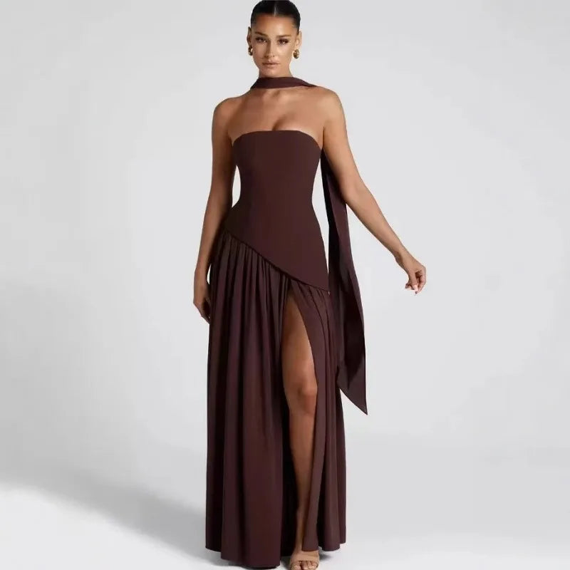 Backless Slit Evening Maxi Dress with Scarf | Wovetsa