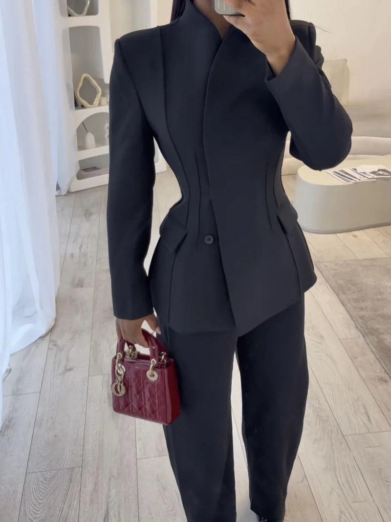 High Collar Slim Blazer & Wide Leg Trouser Set | Wovetsa