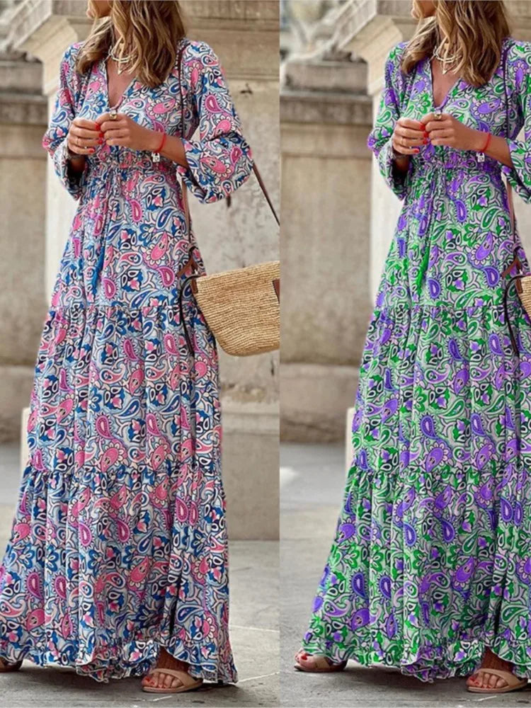 Printed V-Neck Bohemian Maxi Dress | Wovetsa