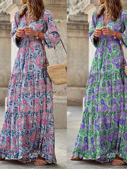 Printed V-Neck Bohemian Maxi Dress | Wovetsa