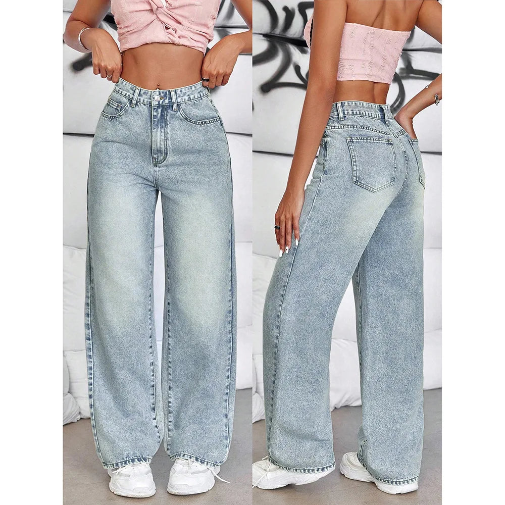 Women's High Waist Wide Leg Jeans – Vintage Wash Full Length Denim Pants