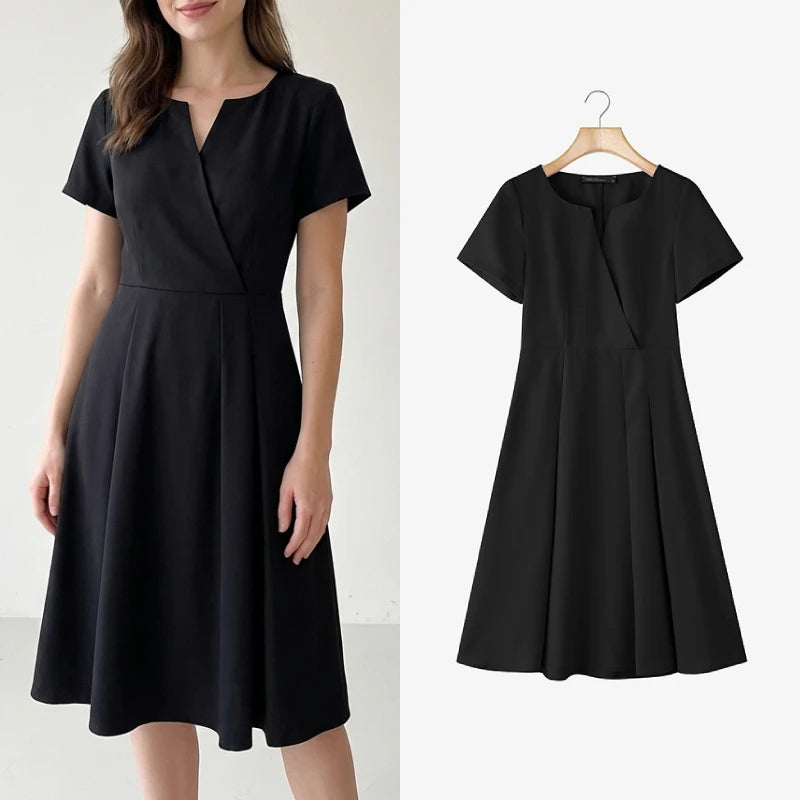 Women's Elegant V Neck A-Line Midi Dress | Short Sleeve Minimal Summer Dress