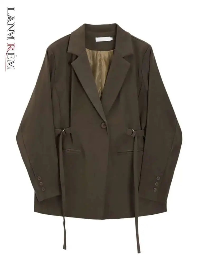 LANMREM Belt Spliced Design Blazer Women Vintage Notched Collar Single Button Coat Fashion 2025 Spring New Clothing 2AA4613