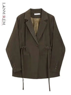 LANMREM Belt Spliced Design Blazer Women Vintage Notched Collar Single Button Coat Fashion 2025 Spring New Clothing 2AA4613