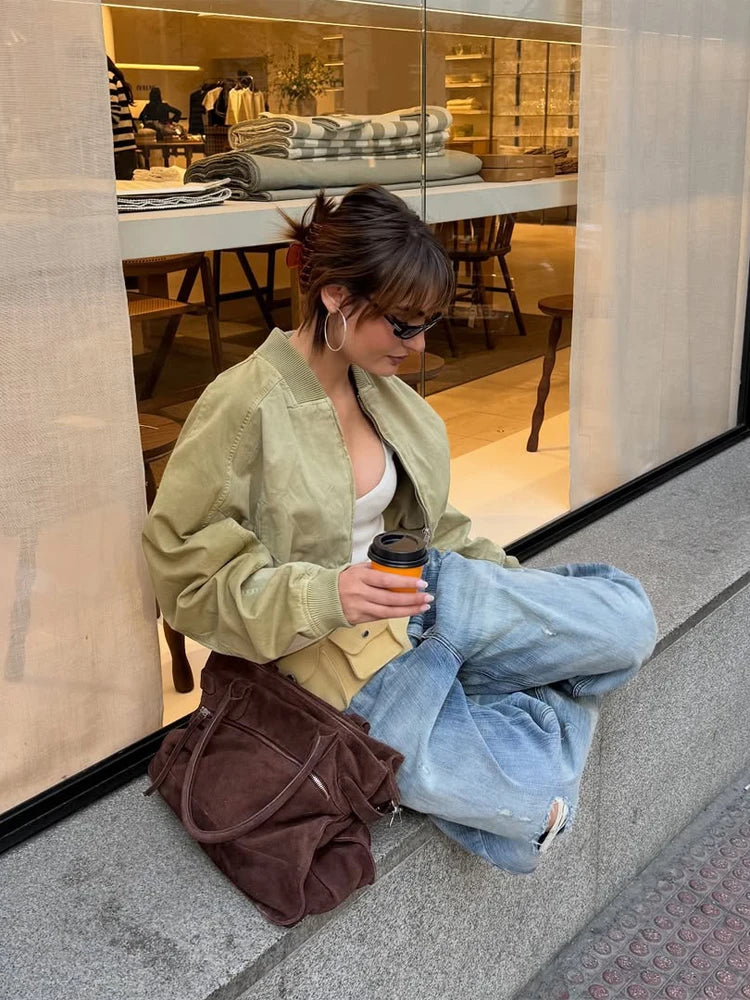 Khaki Lapel Zip Cropped Bomber Jacket | Wovetsa